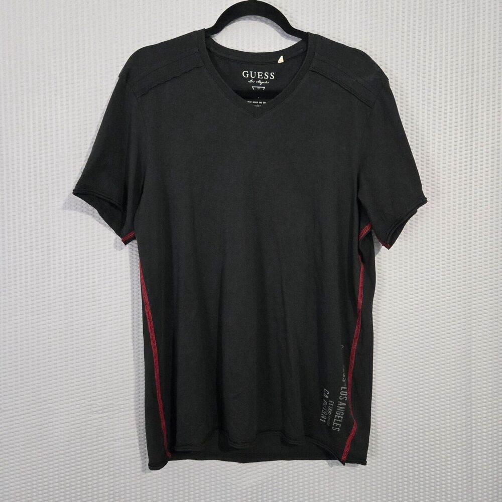Guess Los Angeles V-Neck Graphic Tee M Black Pima Cotton Red Stitch Streetwear